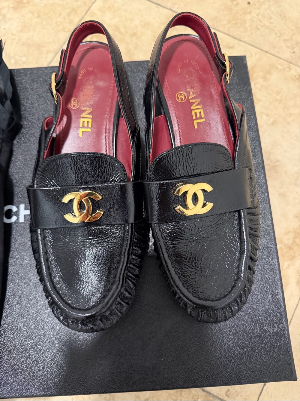CHANEL Black Patent Leather Slingback moccasins with Gold CC gently worn